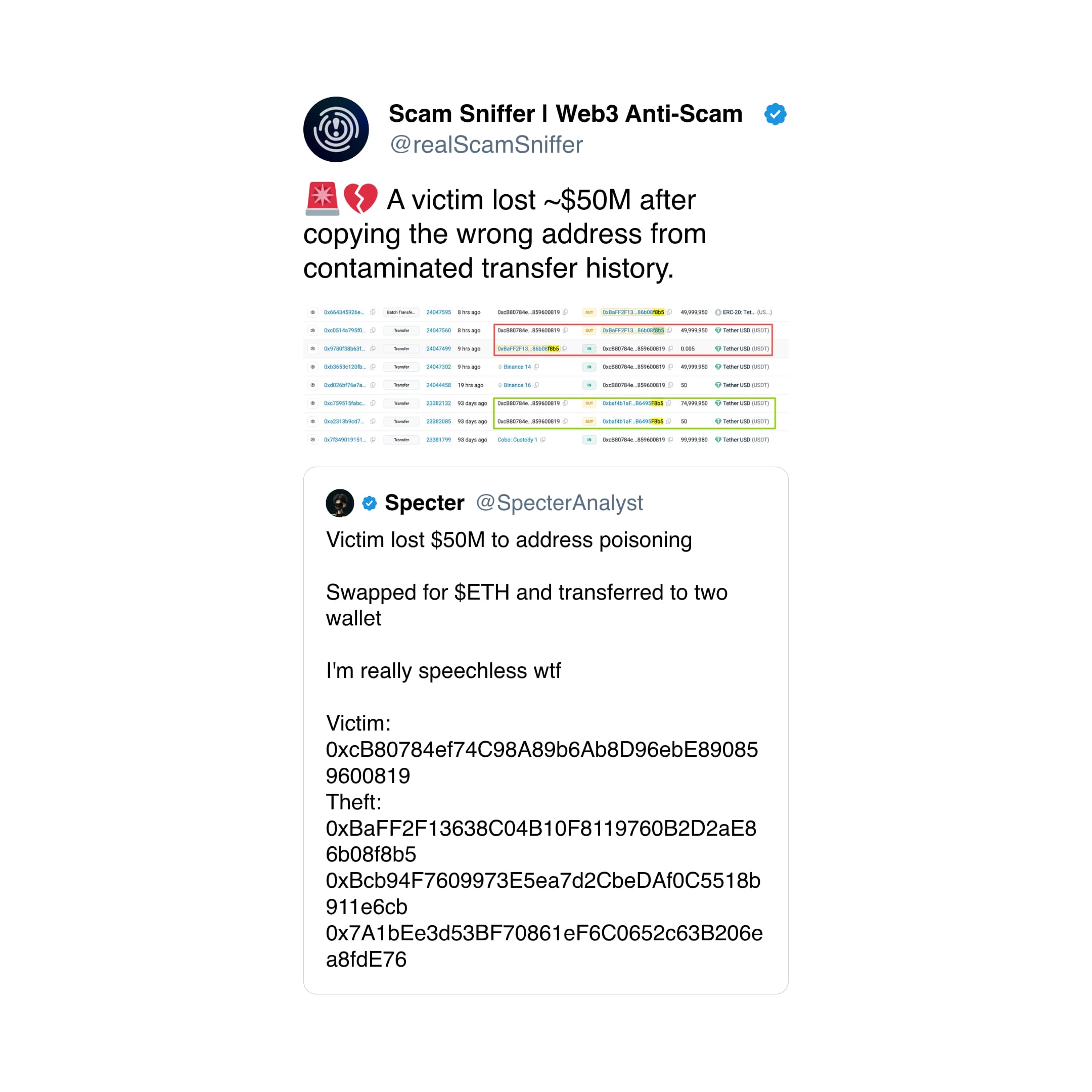 Scam Sniffer tweet about $50M address poisoning loss